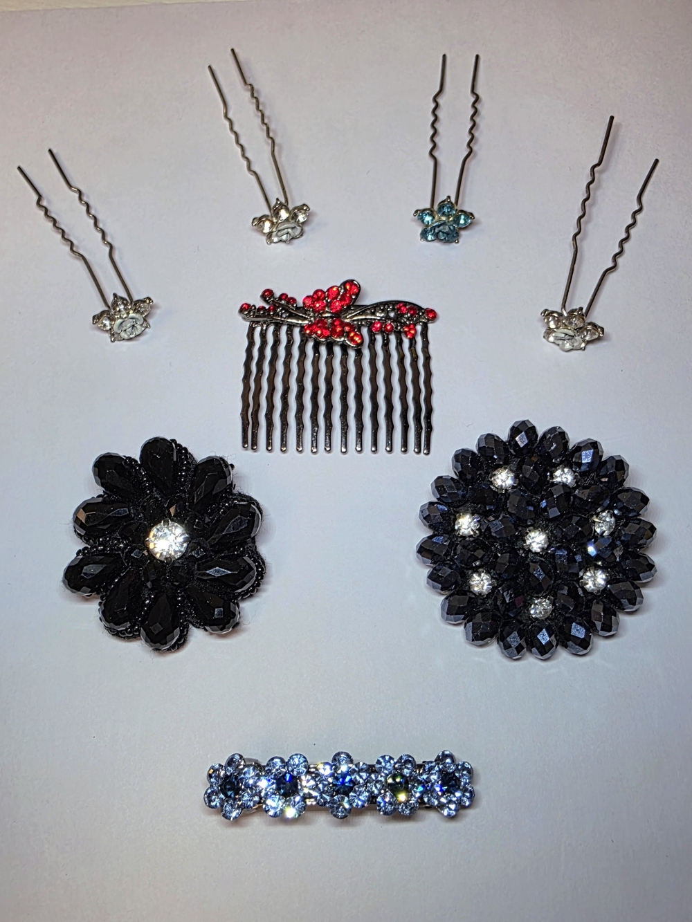 Rhinestone Floral Hair Pins Set - White & Blue